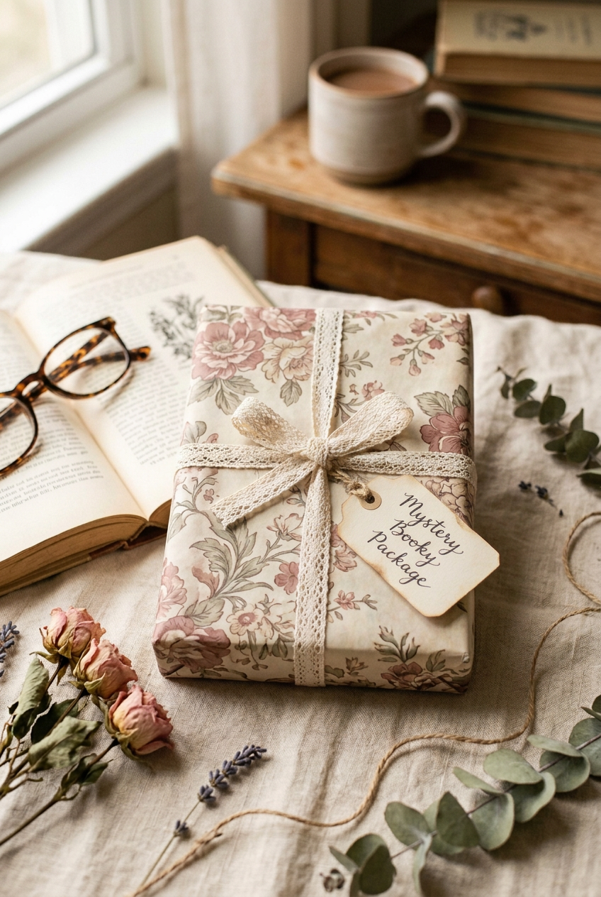 Mystery booky package wrapped in vintage tissue paper with lace ribbon and handwritten tag