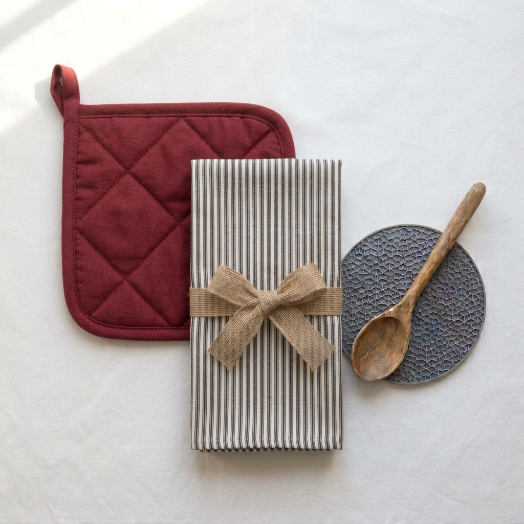 Example kitchen bundle with black and white striped towel, red pot holder, gray trivet, and wooden spoon