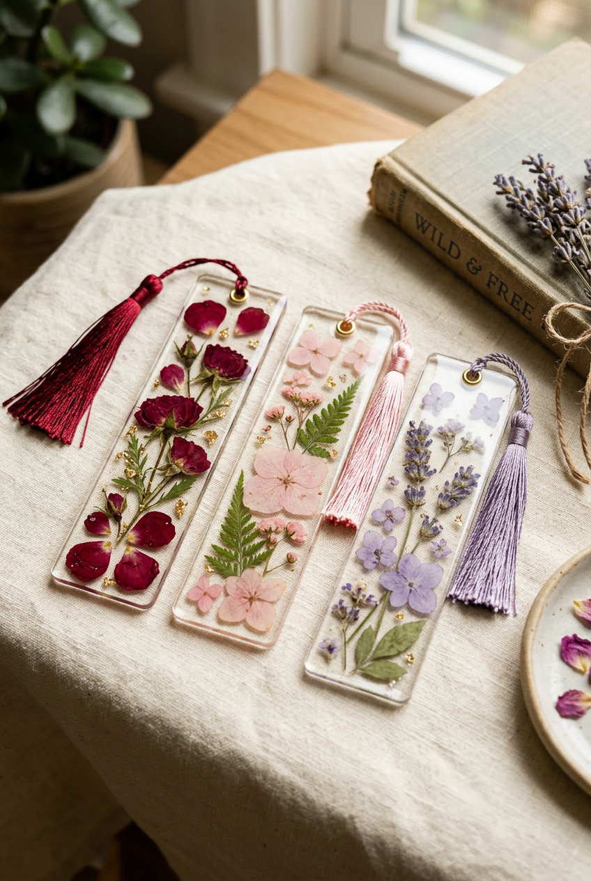 Handmade floral resin bookmarks with dried flowers and tassels
