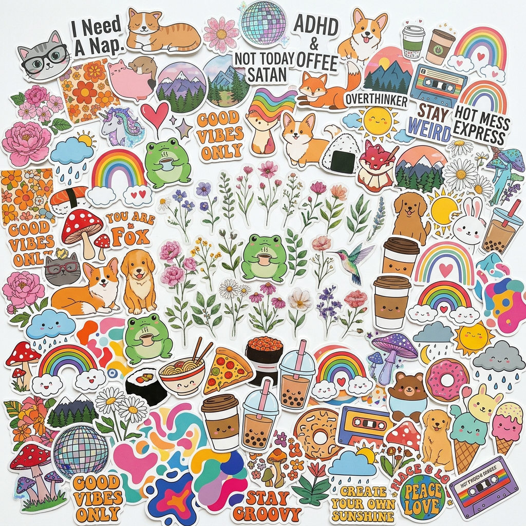 A colorful variety of stickers including animals, funny sayings, clear floral, holographic and more