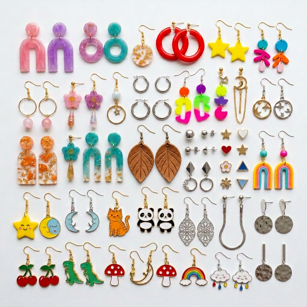 Colorful assortment of earrings including resin, plastic, metal, vintage, studs, and leather leaf styles