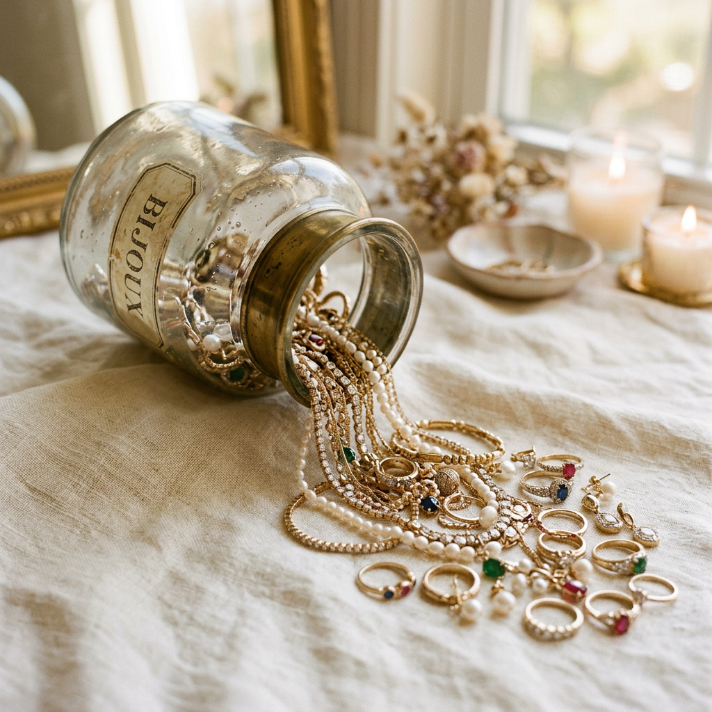Assorted jewelry pouring out of a vintage glass jar