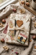 Mystery booky package wrapped in vintage tissue paper with lace ribbon, containing resin bookmark, pen, heart-shaped leather page holder, paper bookmark and sticky notes